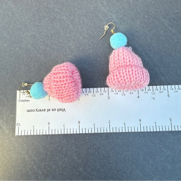 Handmade Knit Toque Earrings with Pom Pom - Pink and Blue - Picture 11 of 11